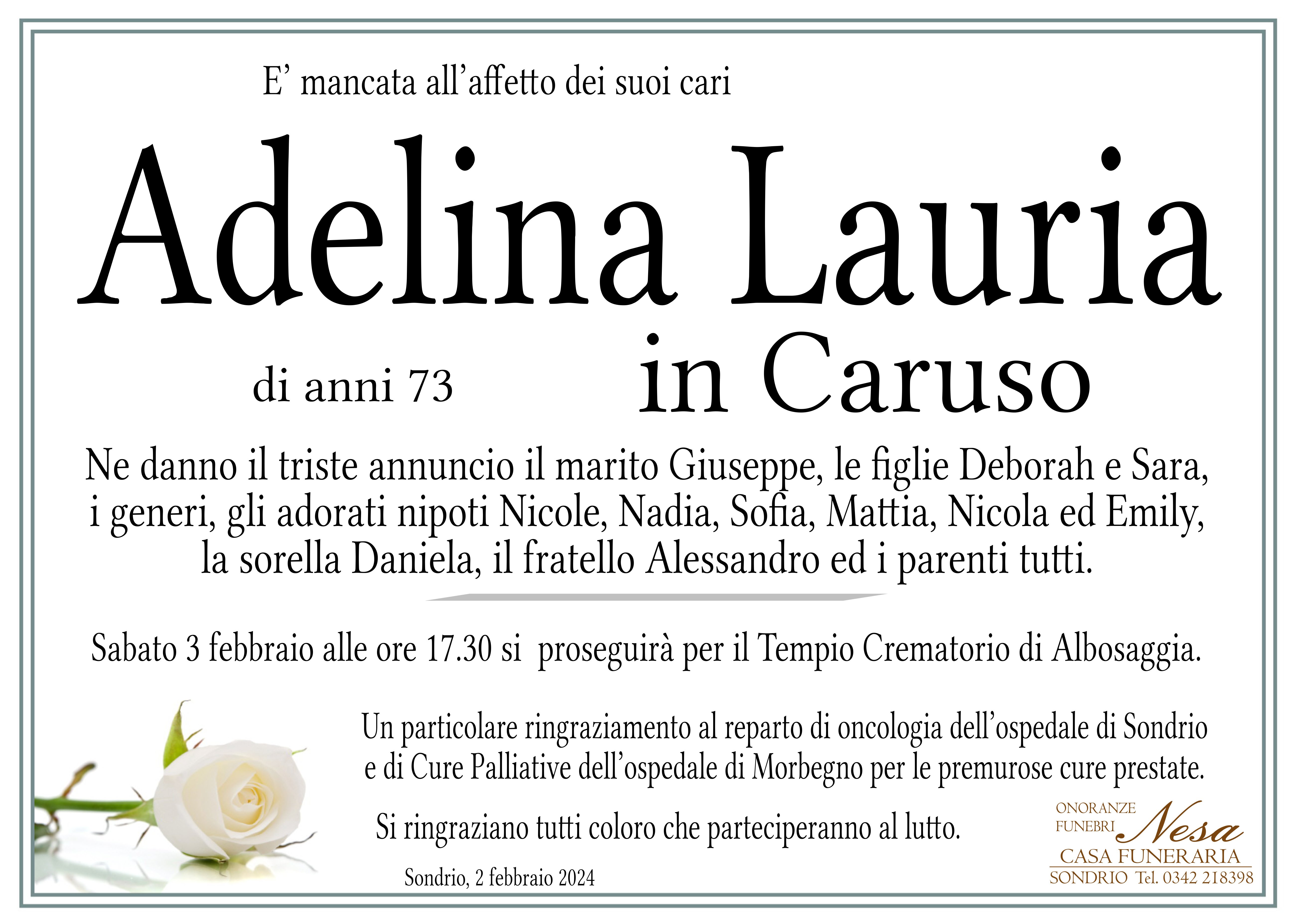 Necrologio Adelina Lauria in caruso